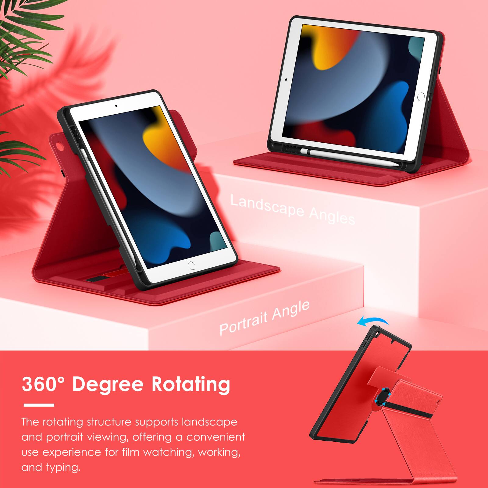 Landscape Angles  
Portrait Angle  
360 Degree Rotating  

The rotating structure supports landscape and portrait viewing, offering a convenient use experience for film watching, working, and typing.
