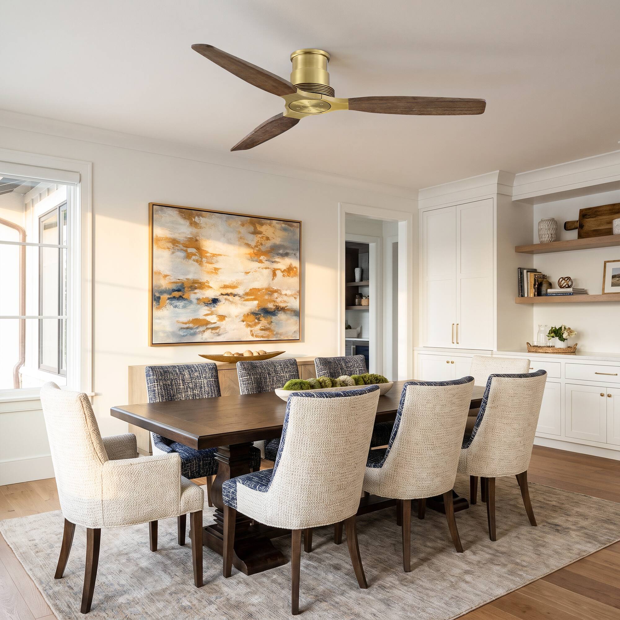 Back. Parrot Uncle - 48" Mid Century Modern Solid Wood Lightweight Flush Mount Ceiling Fan with Remote,No Light 6-Speed DC Motor - Gold.