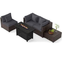 Gymax - Set of 5 Patio Furniture Set Heavy-duty Frame Rattan Sofa Set w/ 60000 BTU Firepit Table - Gray