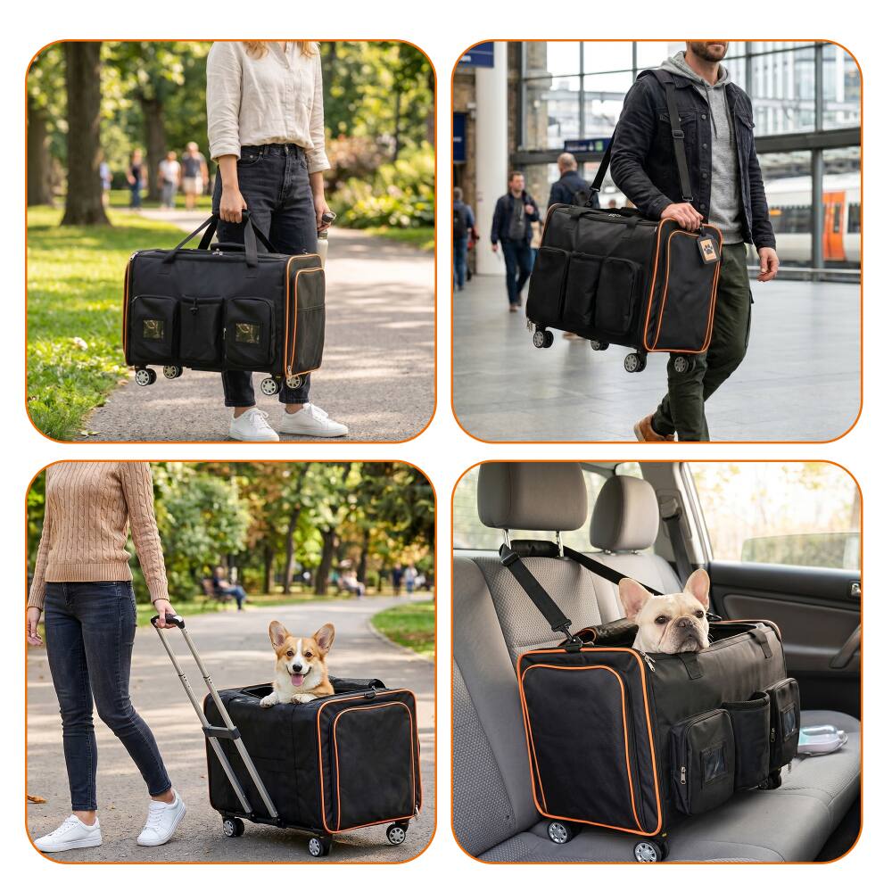 Back. JUJABU - 2 in 1 Large Cat Carrier with Wheels for 2 Cats, Expandable Foldable Double Pet Carrier with Removable Divider.