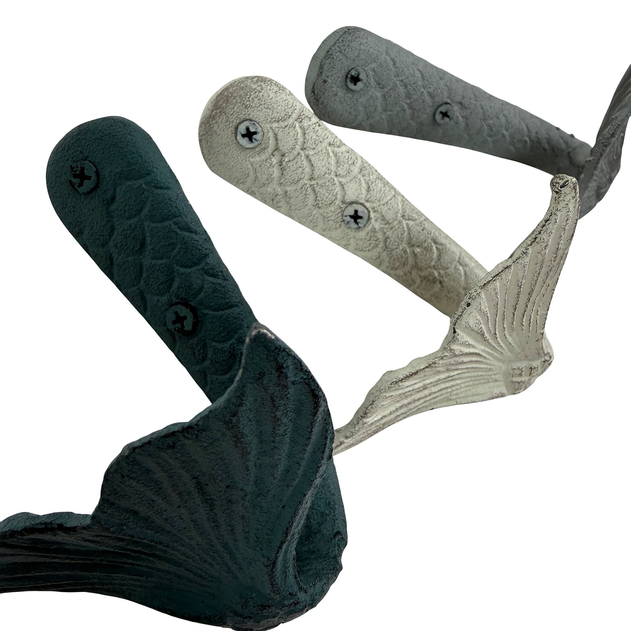 Alt View 9. Zeckos - Set of 3 Cast Iron Mermaid Tail Wall Hooks Distressed Blue Gray White 5 Inch - Multicolored.