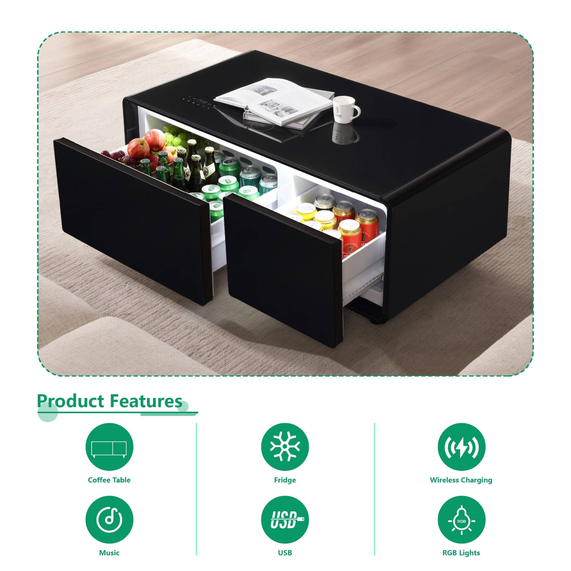 Product Features

- Coffee Table
- Fridge
- Wireless Charging
- Music
- USB
- RGB Lights