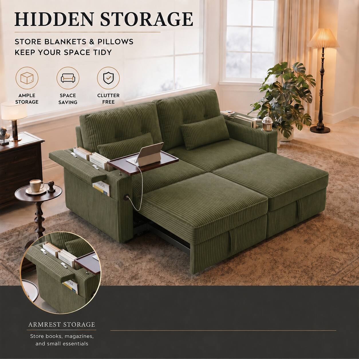 HIDDEN STORAGE

STORE BLANKETS & PILLOWS
KEEP YOUR SPACE TIDY

AMPLE STORAGE
SPACE SAVING
CLUTTER FREE

ARMREST STORAGE
Store books, magazines, and small essentials