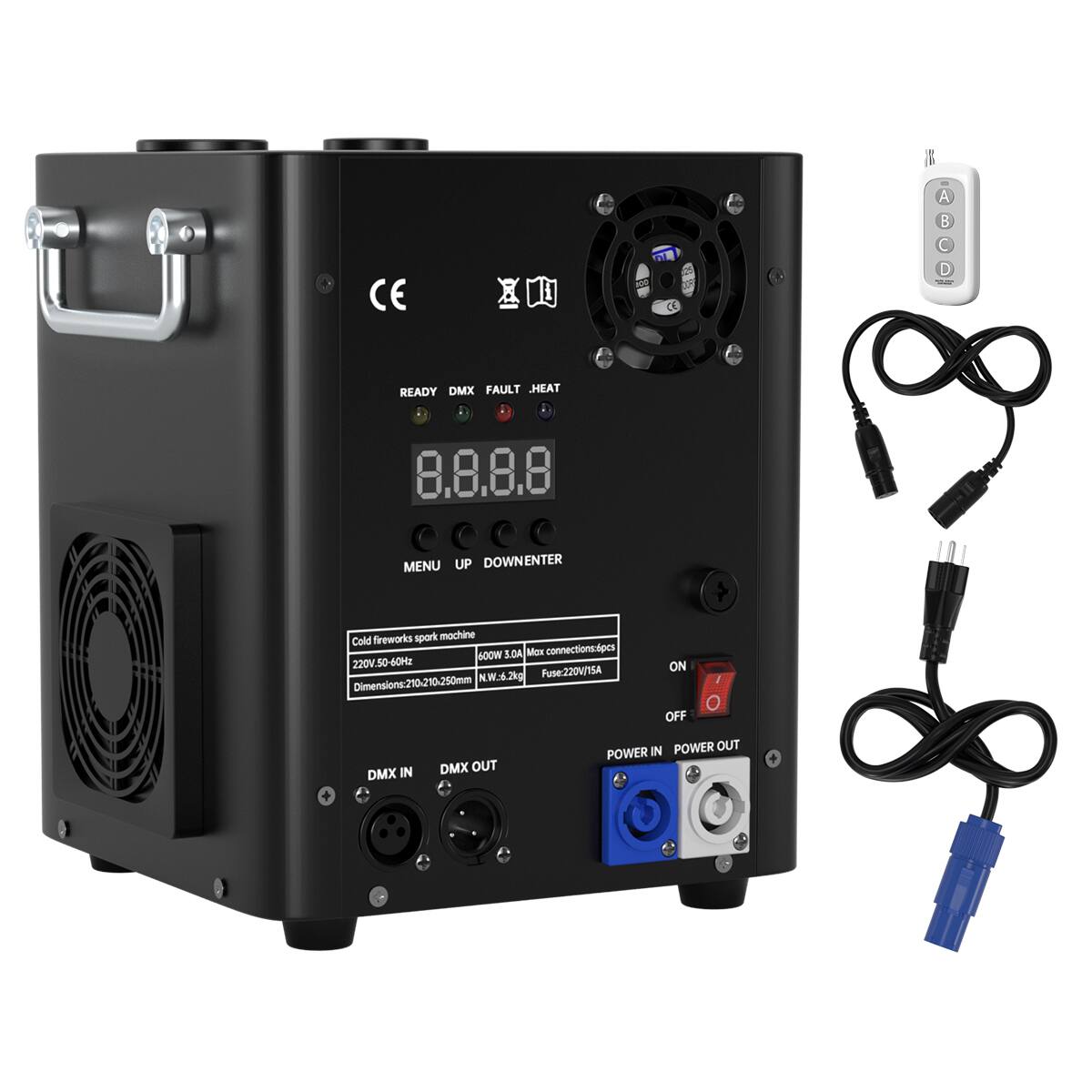 - CE
- READY DMX FAULT HEAT
- 8.8.8.8
- MENU UP DOWN ENTER
- Cold fireworks spark machine
- 220V 50-60Hz
- 400W 3.0A
- Dimensions: 210x10x250mm
- NW: 6.2kg
- Fuse: 220V 5A
- ON OFF
- DMX IN DMX OUT
- POWER IN POWER OUT
- connections: 4pcs
- use: 220V/15A