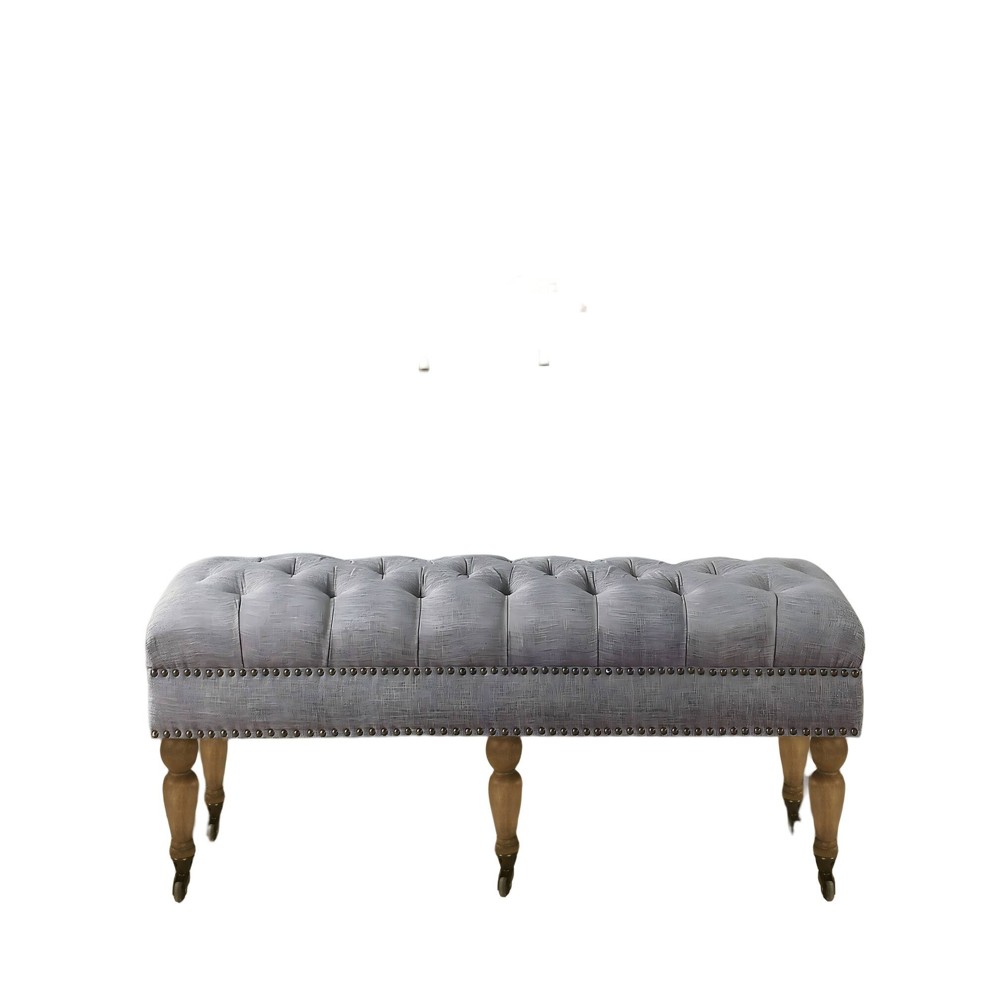 Alt View 3. Boyel Living - Small Tufted Linen Bench with Solid Wood Legs - Light Gray.
