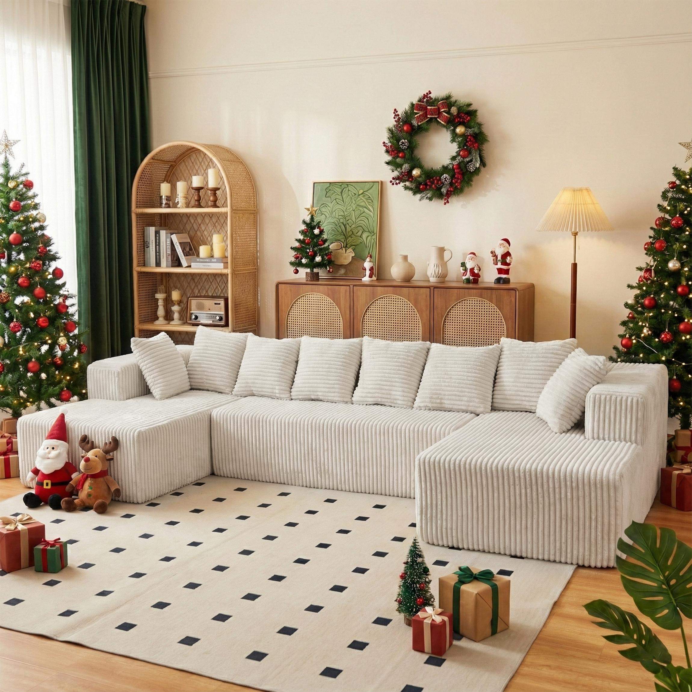 Angle. Roomtec - 130 inch Boneless Couch Cloud Couch Sectional Corduroy Sofa for Living Room U Shaped Modular Sofa with Chaise No - Beige.