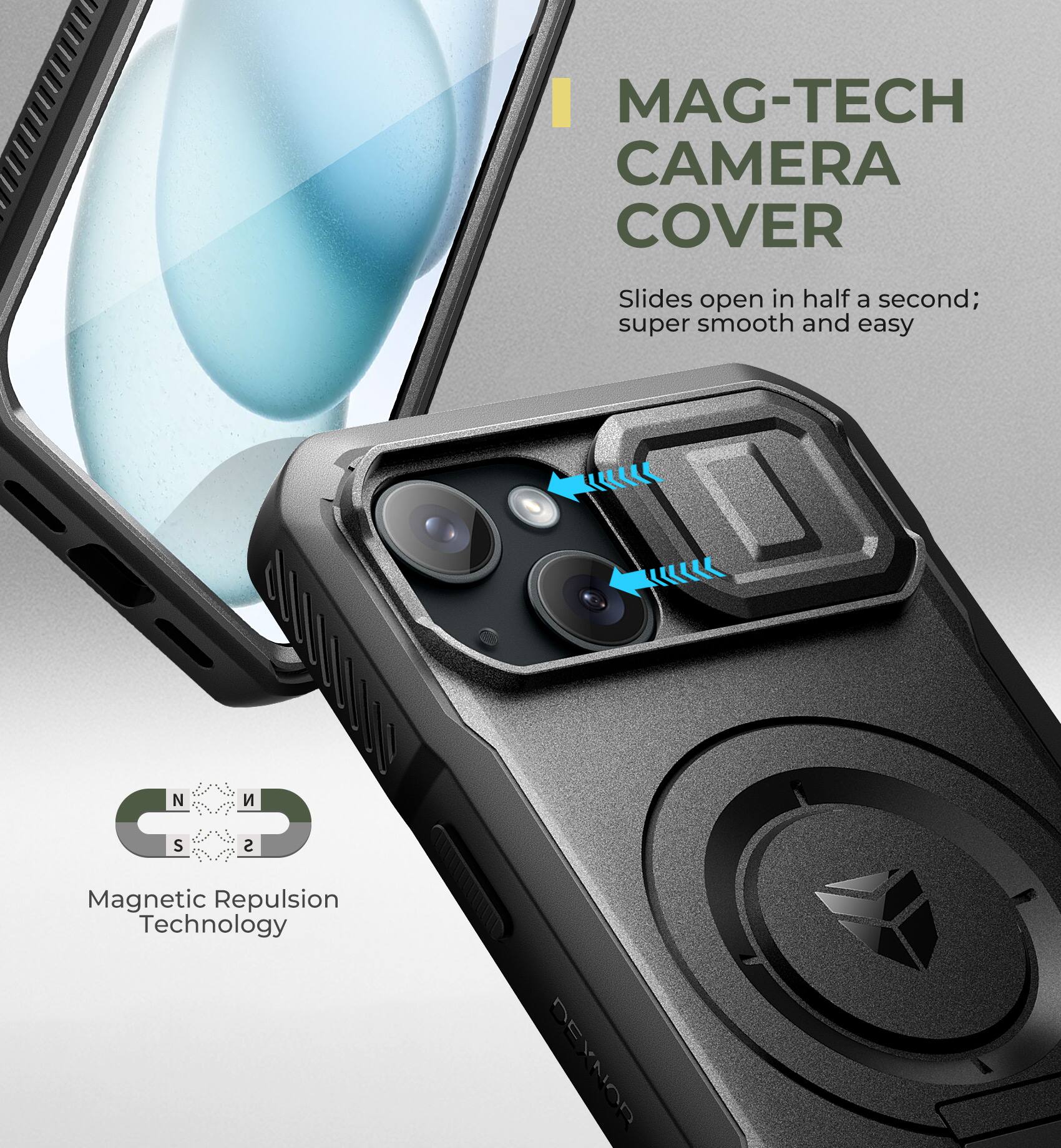 MAG-TECH CAMERA COVER Slides open in half a second; super smooth and easy

Magnetic Repulsion Technology

DEYNON