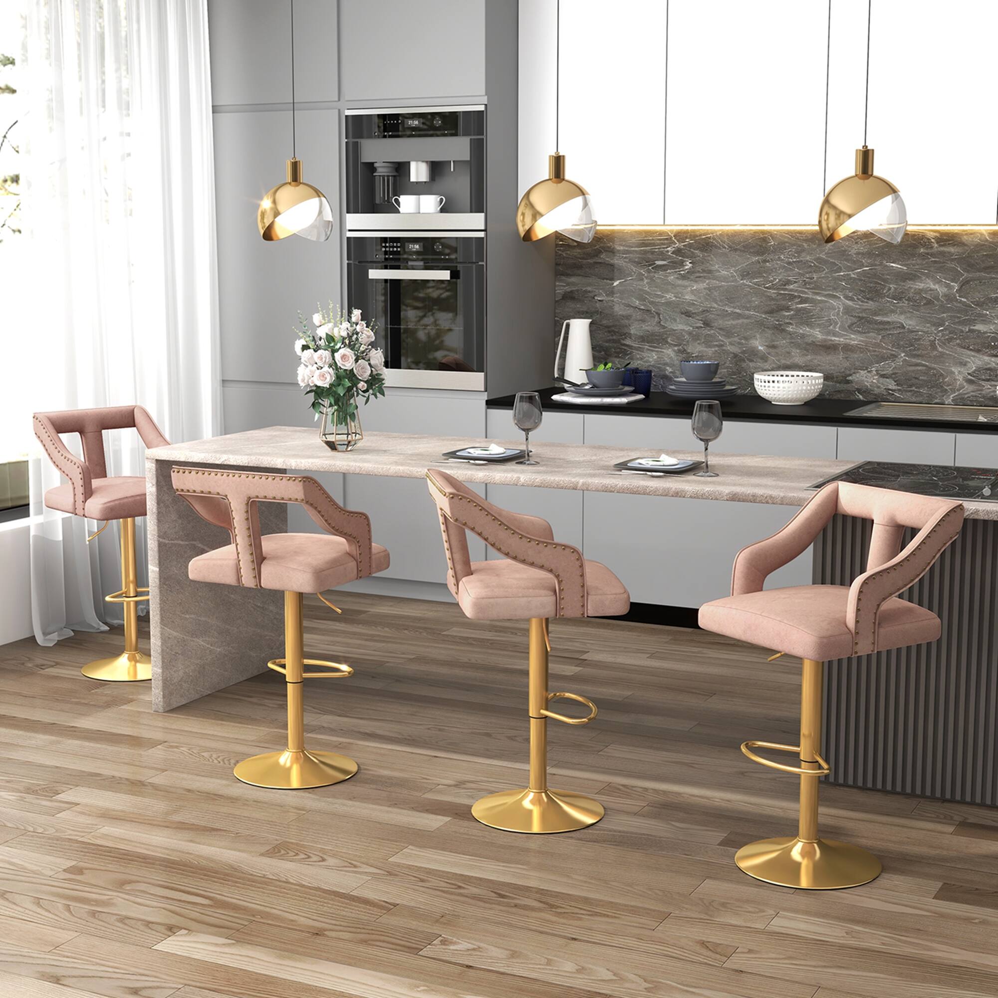 Alt View 3. Costway - Set of 2 Swivel Bar Stool with Footrest, 2-Layer Electroplated Metal Base - Pink & Gold.