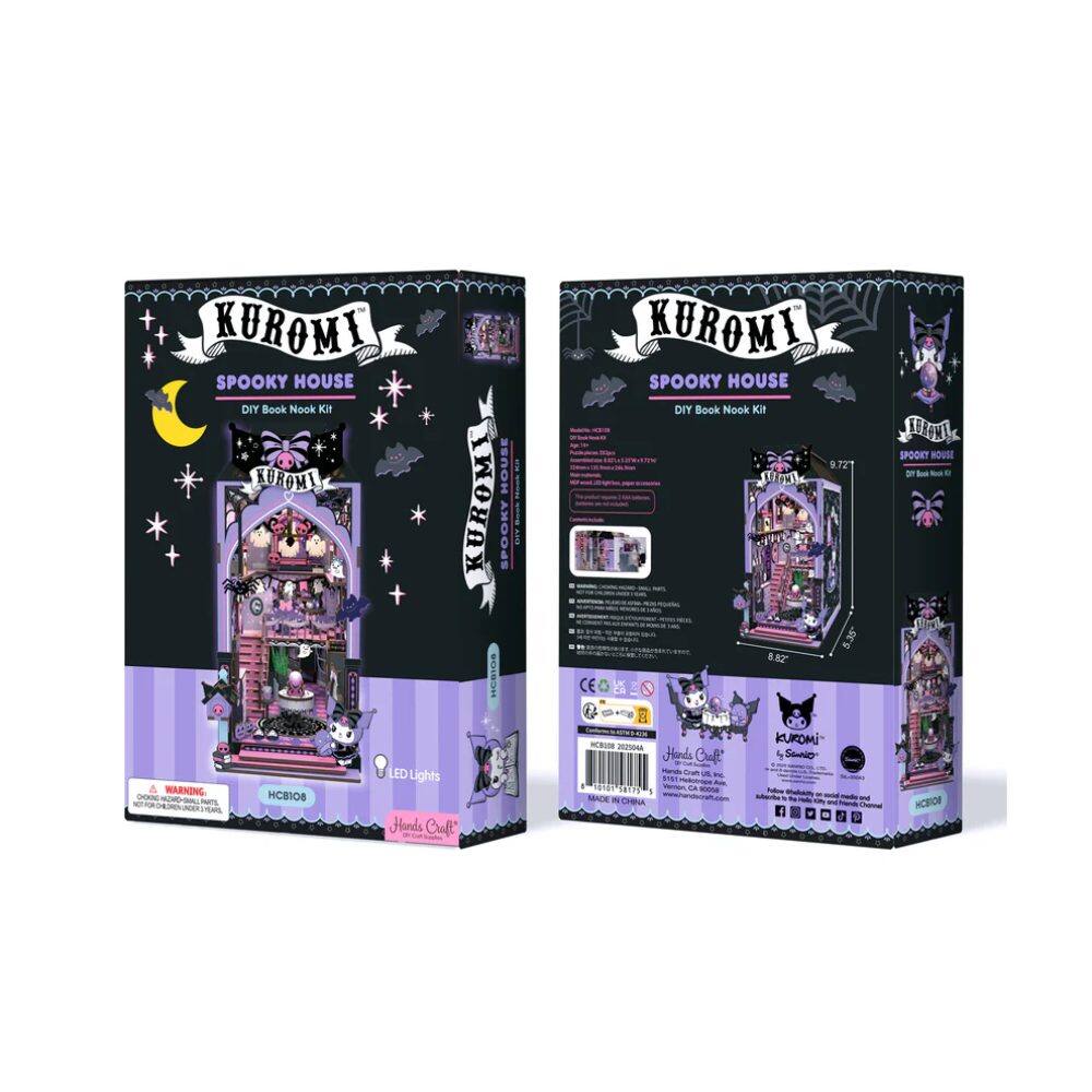 KUROMI SPOOKY HOUSE DIY Book Nook Kit  
KUROMI SPOOKY HOUSE  
LED Lights  
WARNING: HCB108  
Hands Craft  
9727  
10a  
5.35  
882  
CEOHEO  
CE  
KUKOMI  
Hands Craft  
4 Sinio Coum  
1AN T8TR  
MADE d C  
4 e SPOOKY Sird ACRION