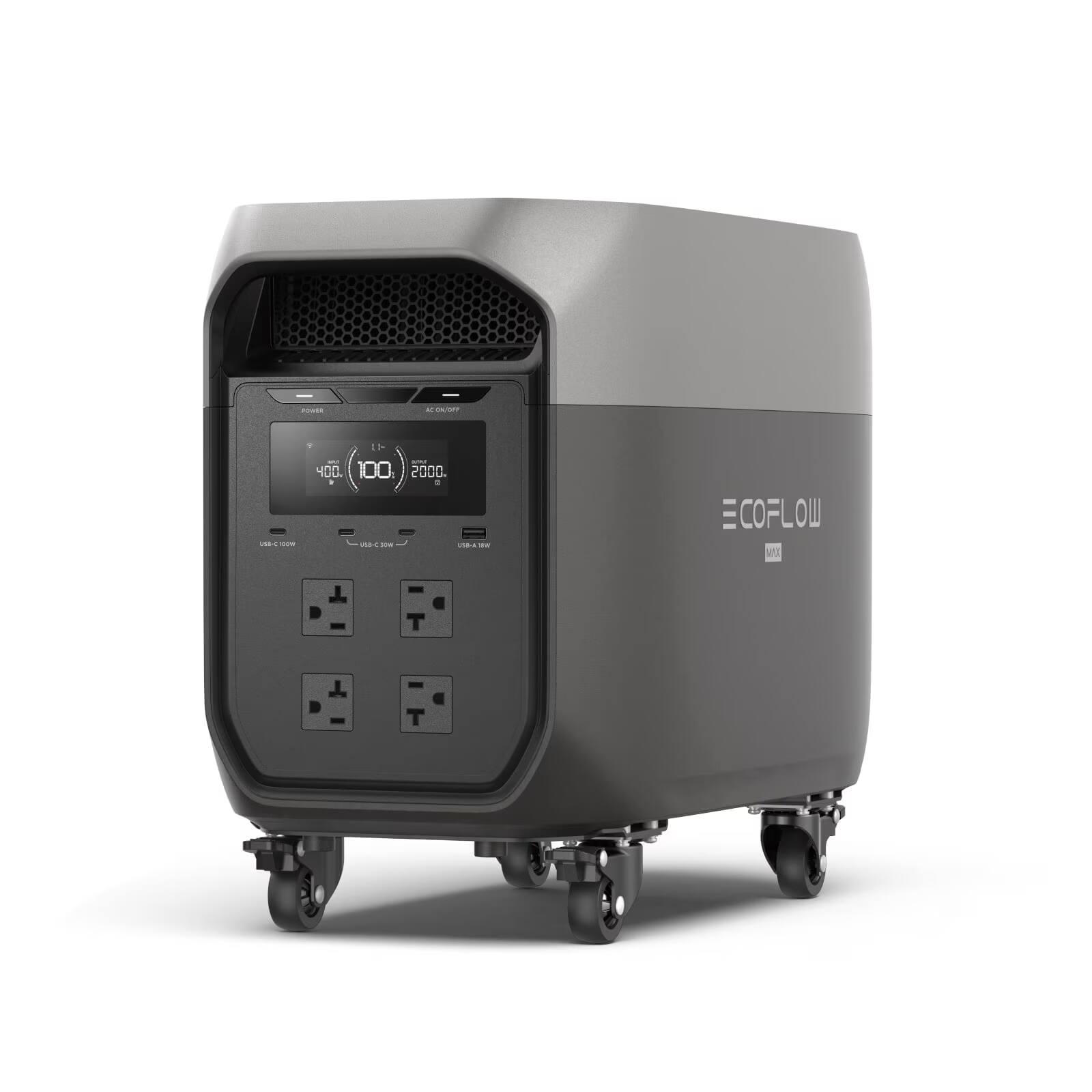 POWER  
AC ON/OFF  
USB-C now  
400W 100% 2000  
THE  
ECOFLOW MAX