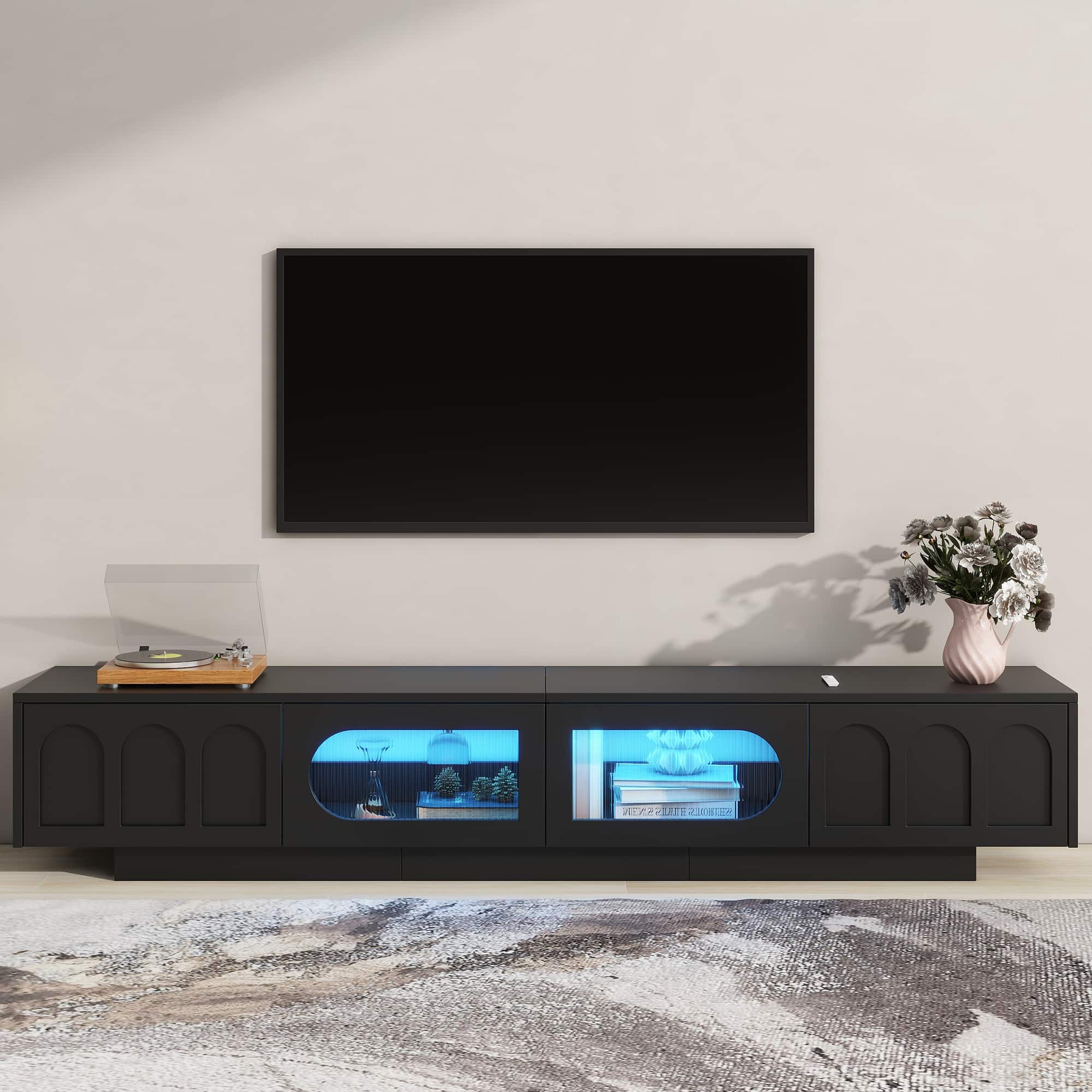 Spaco - Modern TV Stand for 95" TV, Media Console with Fluted Glass Doors Arched Design and APP Controlled LED Lights - Black