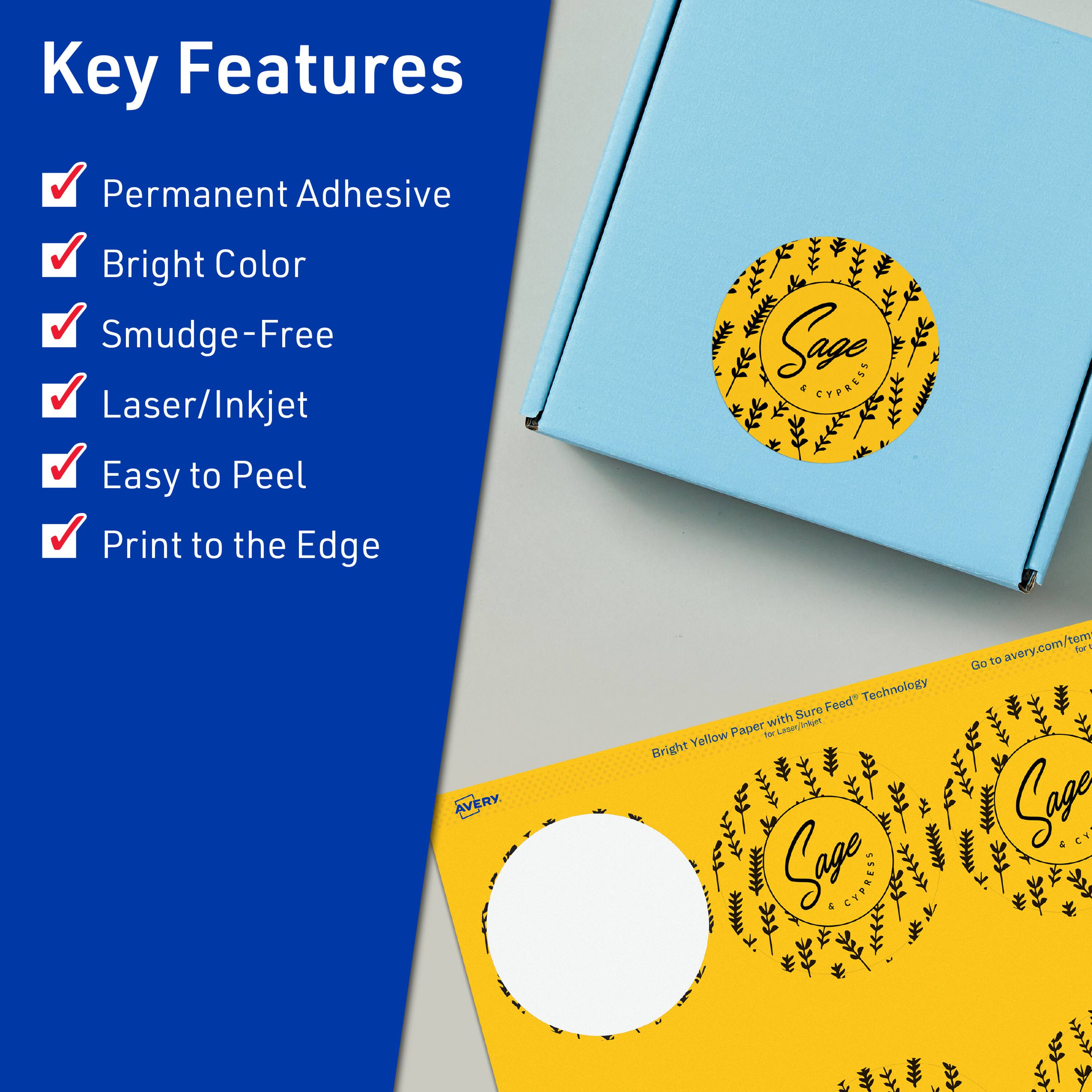 Key Features  
- Permanent Adhesive  
- Bright Color  
- Smudge-Free  
- Laser/Inkjet  
- Easy to Peel  
- Print to the Edge  

Sage Cypress  

Bright Yellow Paper with Sure Feed Technology  

Go to avery.com/tem for templates  

AVERY