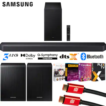 SAMSUNG
3.1.2 Ch
Dolby Atmos
Q-Symphony
dts
Bluetooth Compatible
Grokker TV
PLEX TV
DAILY BUZZ
FLIXFLING
STREAM SMARTER