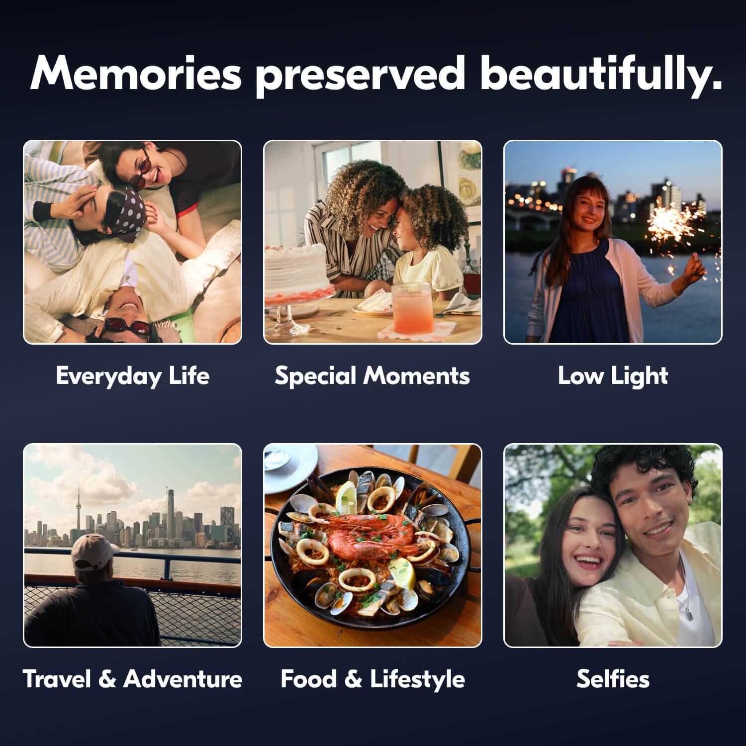 Memories preserved beautifully.

Everyday Life  
Special Moments  
Low Light  
Travel & Adventure  
Food & Lifestyle  
Selfies