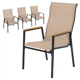 Nuu Garden - Patio Stackable Textilene Dining Chairs Set of 4, Faux Wood Armrests - Khaki