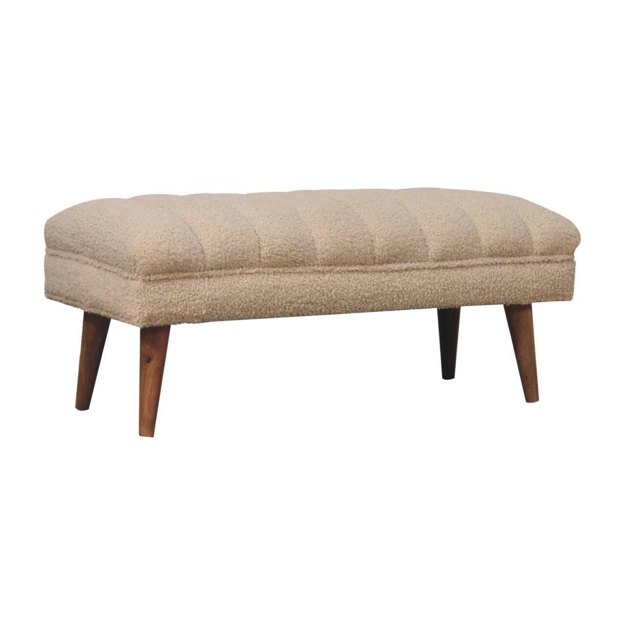 Left. Artisan Furniture - Artisan Furniture Solid Wood Cream Boucle Puffer Bench, Upholstered, Brown & Cream - Brown & Cream.