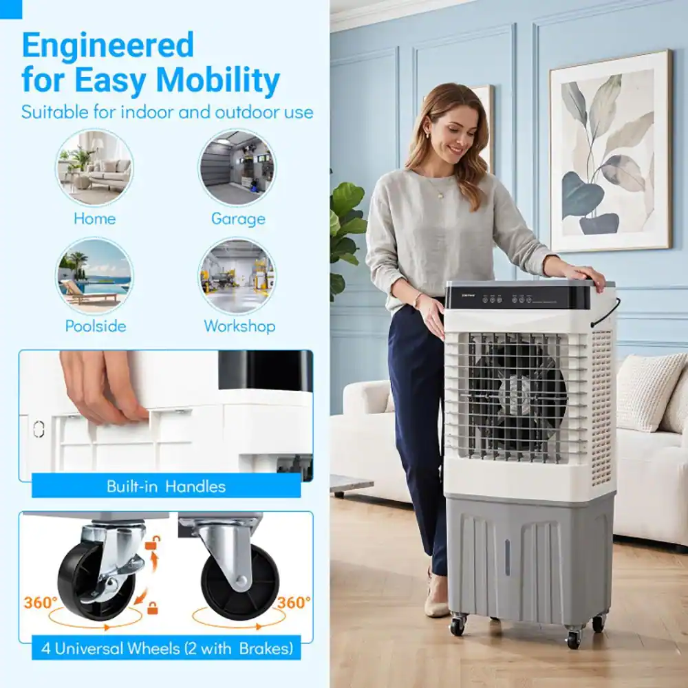 Engineered for Easy Mobility  
Suitable for indoor and outdoor use  
Home Garage Poolside Workshop  
Built-in Handles  
360° 360°  
4 Universal Wheels (2 with Brakes)