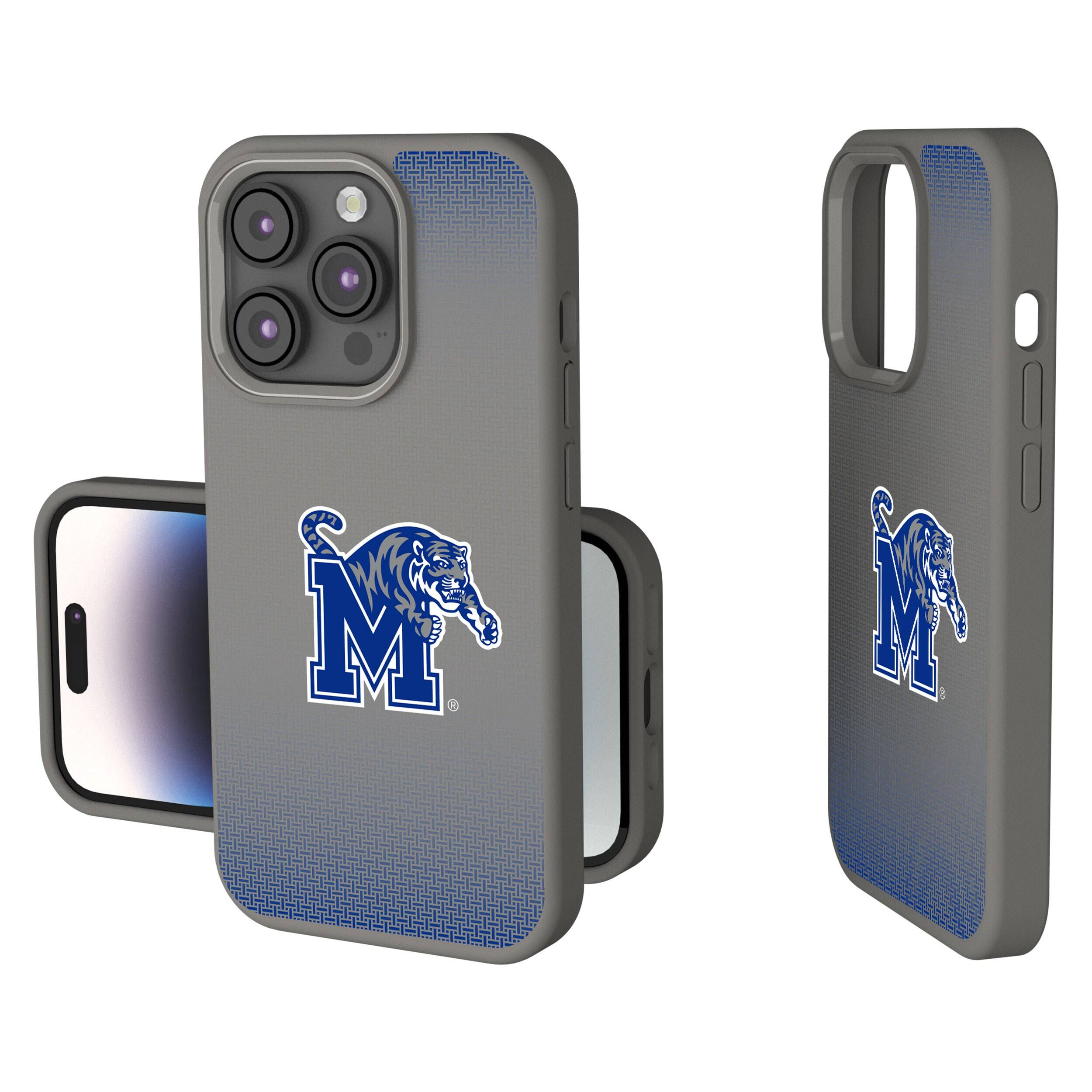Front. Keyscaper - Memphis Tigers Linen Logo iPhone Soft Touch Case - 14 Plus - Gray.