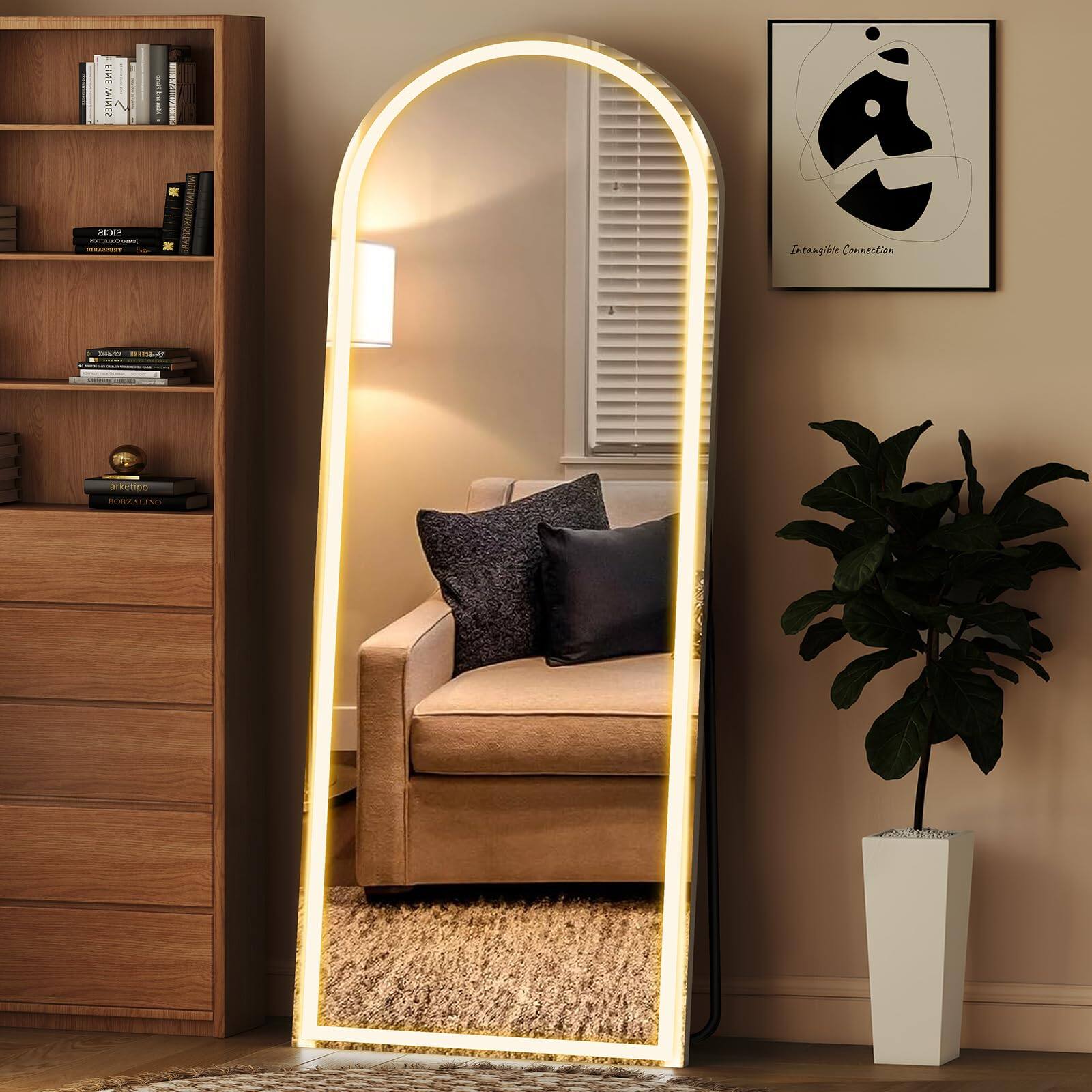 Earthley Blooms - Arched Full Length Mirror With Light-16 60" Led Body Lighting Floor Standing Wall Mounted For Bedroom Dre - 71"L x 26"W-Arched