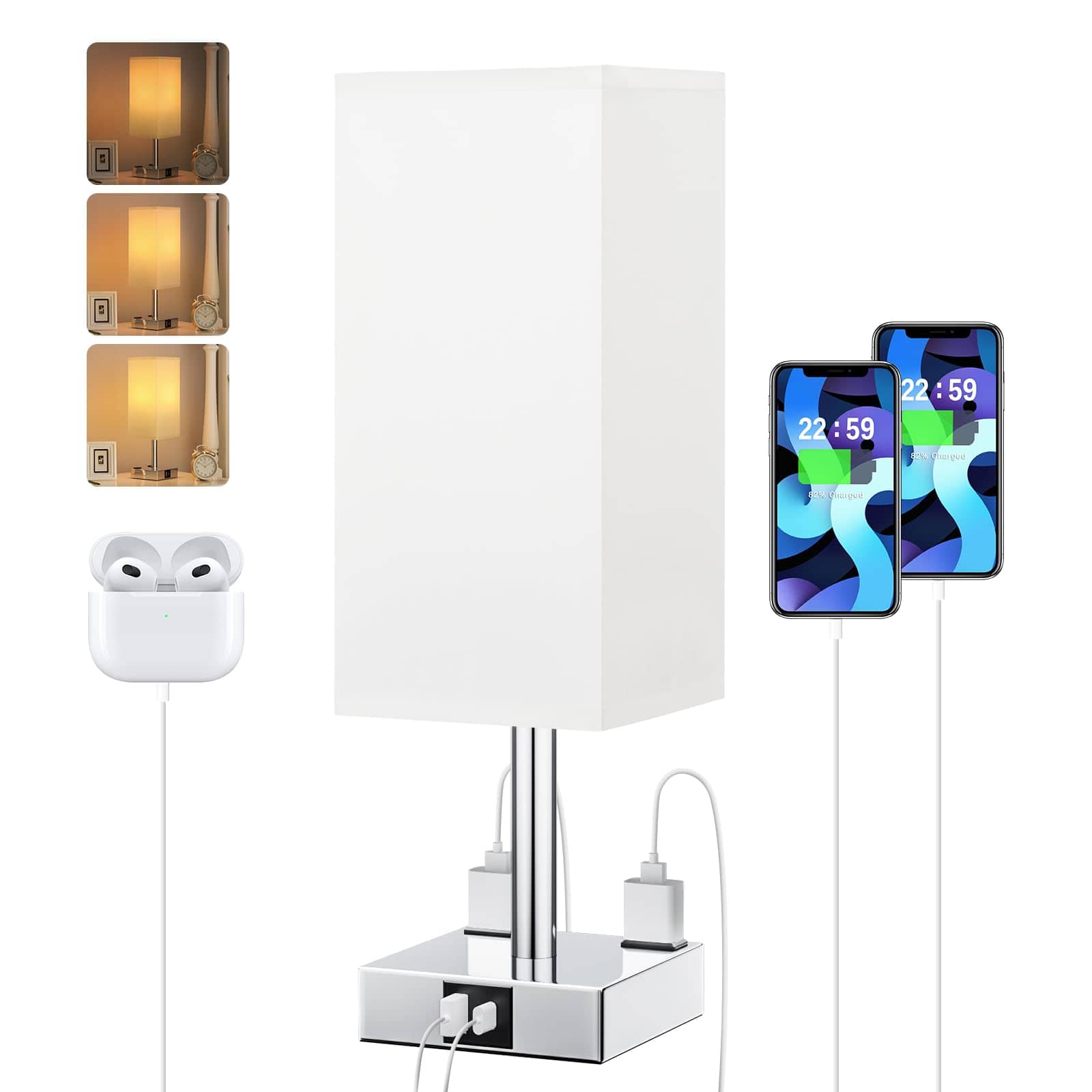 Reds Spade - Upgraded Bedside Table Lamp Touch Control USB Charging Ports Dual Outlets Way Nightstand Lamp Bedroom - White & Silver 14.0in