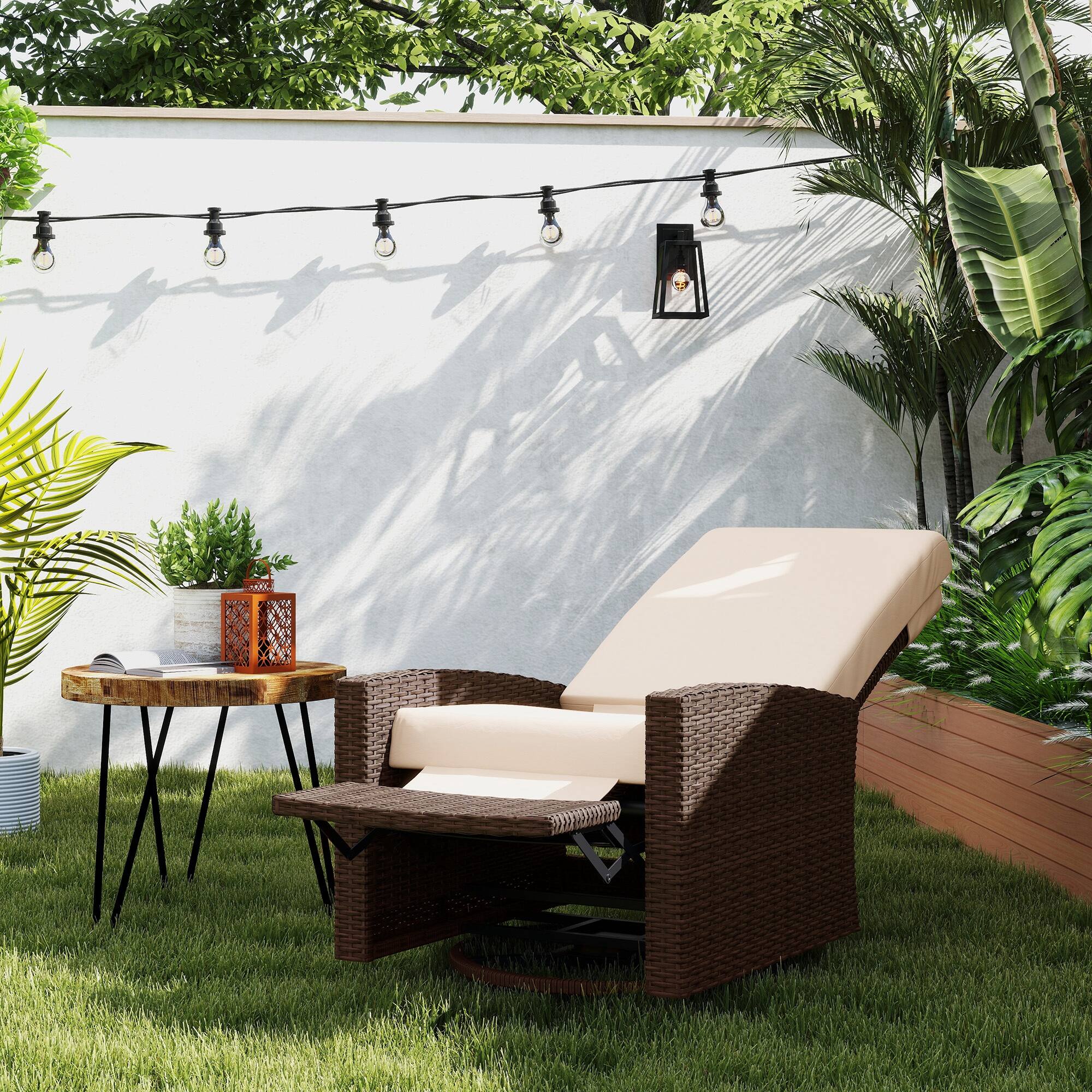 Alt View 1. Outsunny - Outdoor Wicker Swivel Recliner Chair, Reclining Backrest, Lifting Footrest, 360° Rotating Basic, Water Resistant - Cream White.