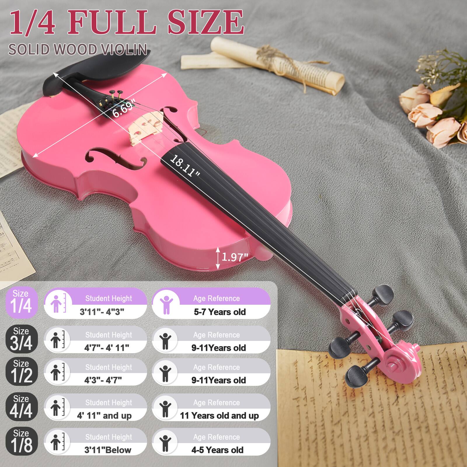 Back. Winado - 1/4 Violin Set for Kids Basswood Pink Acoustic Violin Fiddle for Kids.