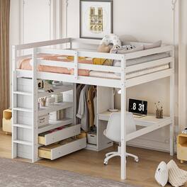 Whisen - Full Size Wood Loft Bed with Built-in Wardrobe, Desk, Storage Shelves and Drawers - White