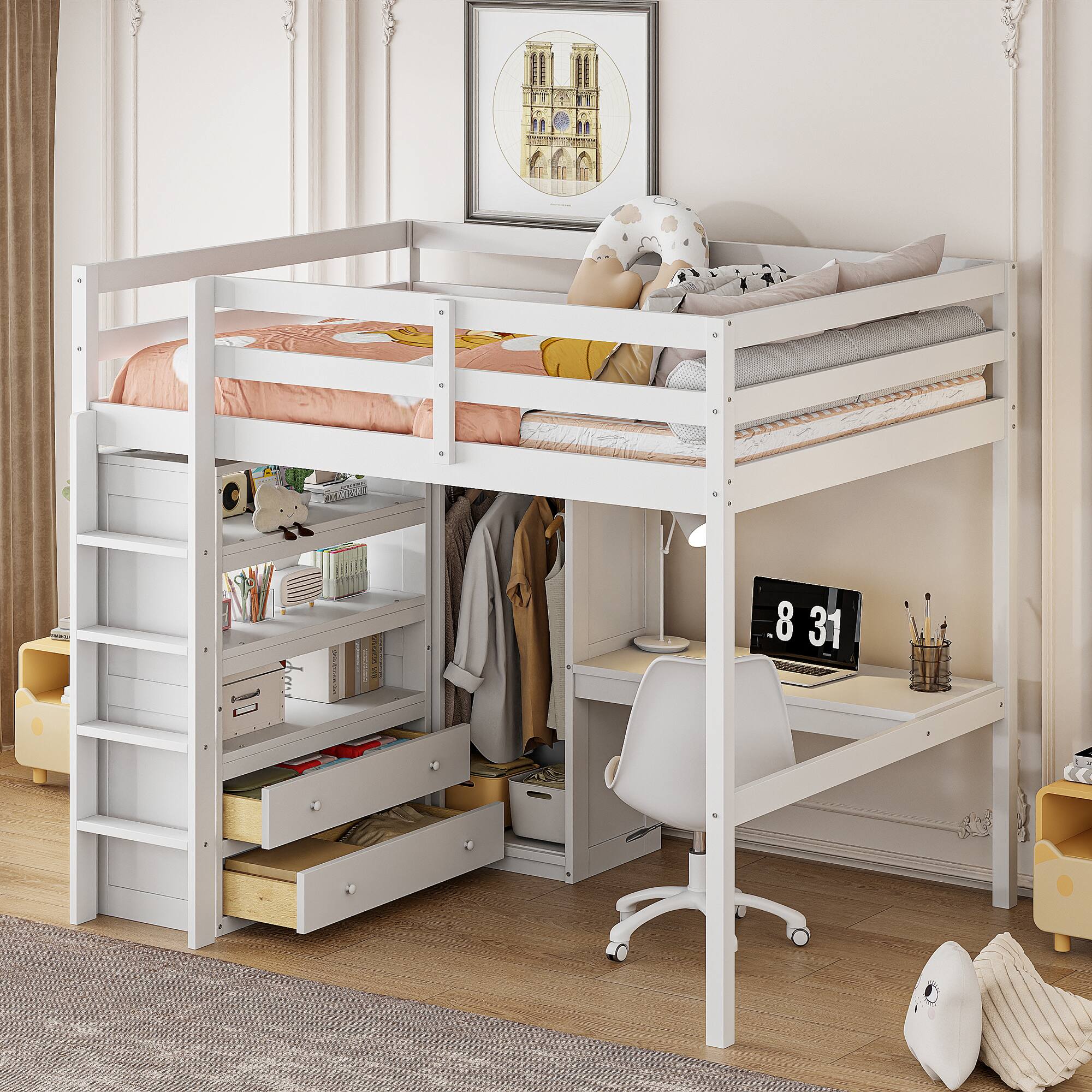 Front. Whisen - Full Size Wood Loft Bed with Built-in Wardrobe, Desk, Storage Shelves and Drawers - White.