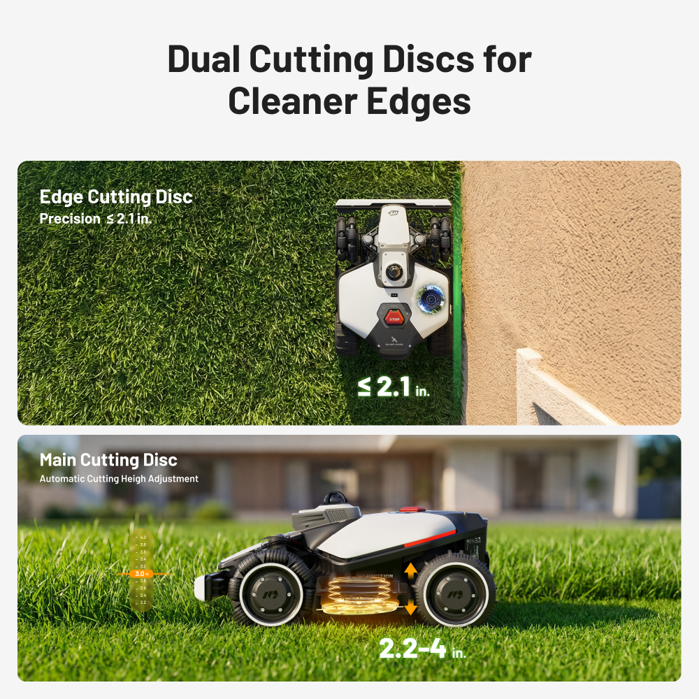 Dual Cutting Discs for Cleaner Edges

Edge Cutting Disc
Precision ≤ 2.1 in.

Main Cutting Disc
Automatic Cutting Height Adjustment
2.2-4 in.