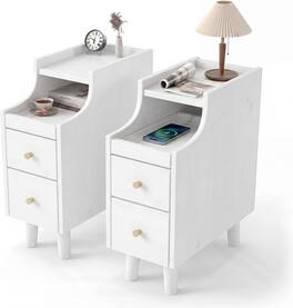 Gymax - 2PCS Narrow Nightstand Solid Wood End Table w/Pull-out Tray & 2 Storage Drawers Antique - White