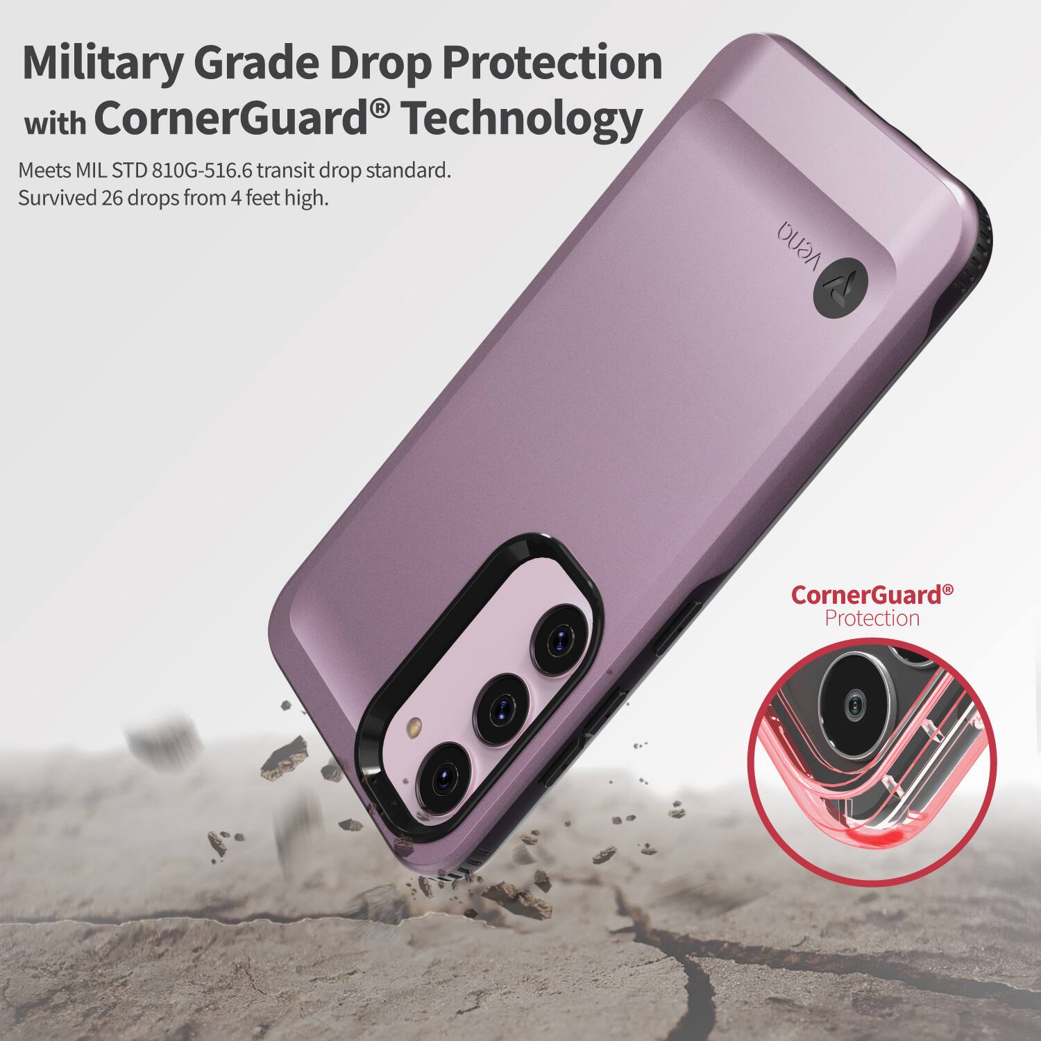 Military Grade Drop Protection with CornerGuard Technology. Meets MIL STD 810G-516.6 transit drop standard. Survived 26 drops from 4 feet high. CornerGuard Protection