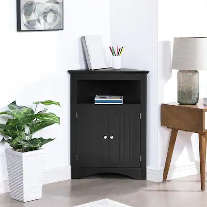 Front. Kadyn - Corner cabinet with Doors and Shelves, Free Standing Storage Cabinet for Kitchen, Living Room, Bathroom, Black - Black.