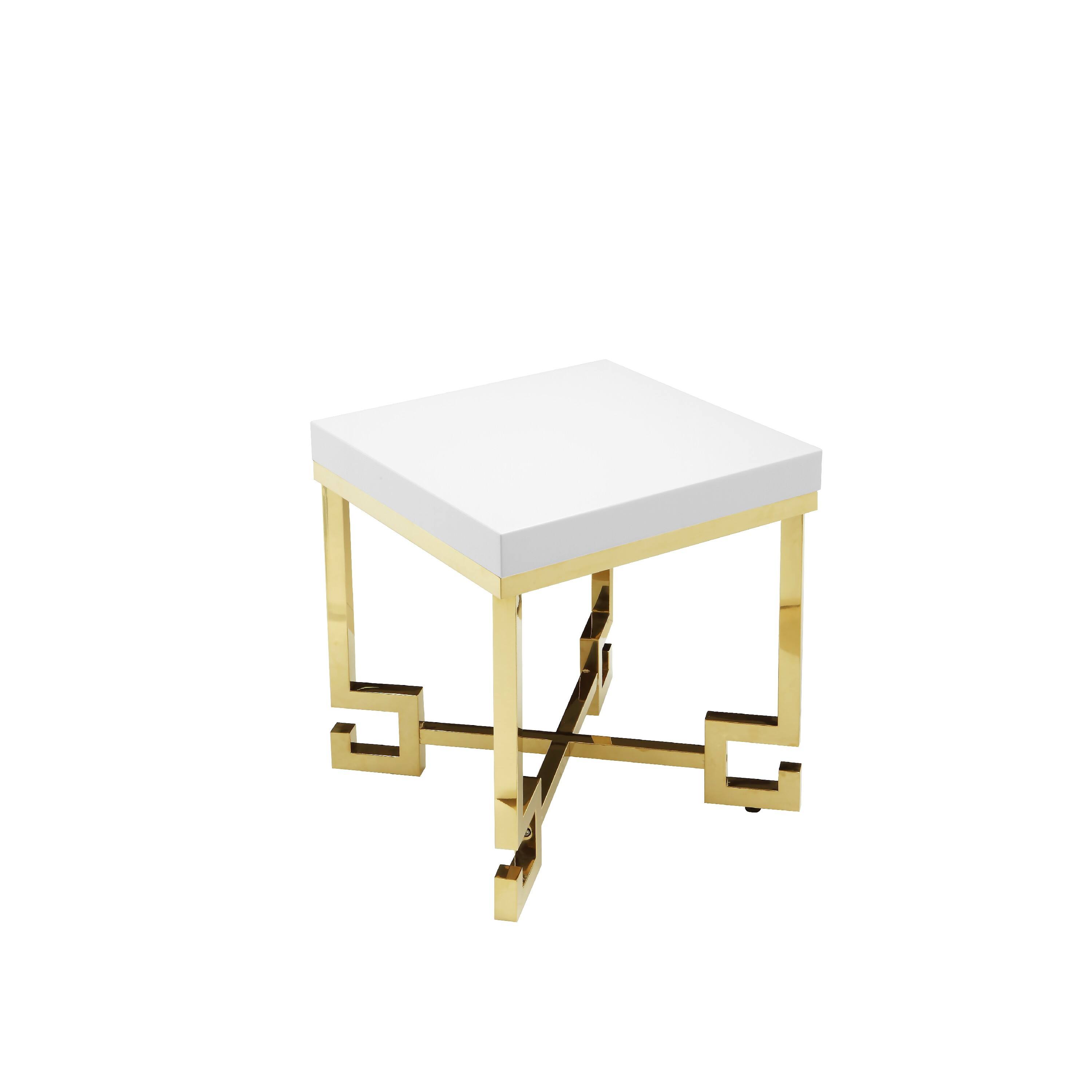 Back. Manhattan Lane - Wooden Square Side Table with Designer Metal Feet and X Crossed Support - White and Gold.