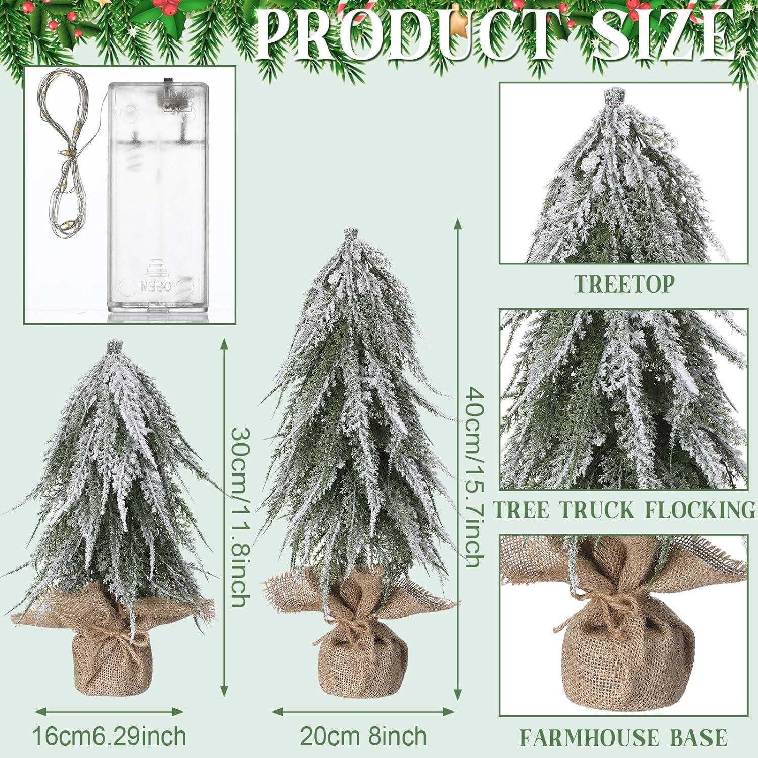 PRODUCT SIZE

- OPEN: 30cm/11.8inch
- TREETOP: 40cm/15.7inch
- TREE TRUCK FLOCKING: 16cm/6.29inch
- FARMHOUSE BASE: 20cm/8inch