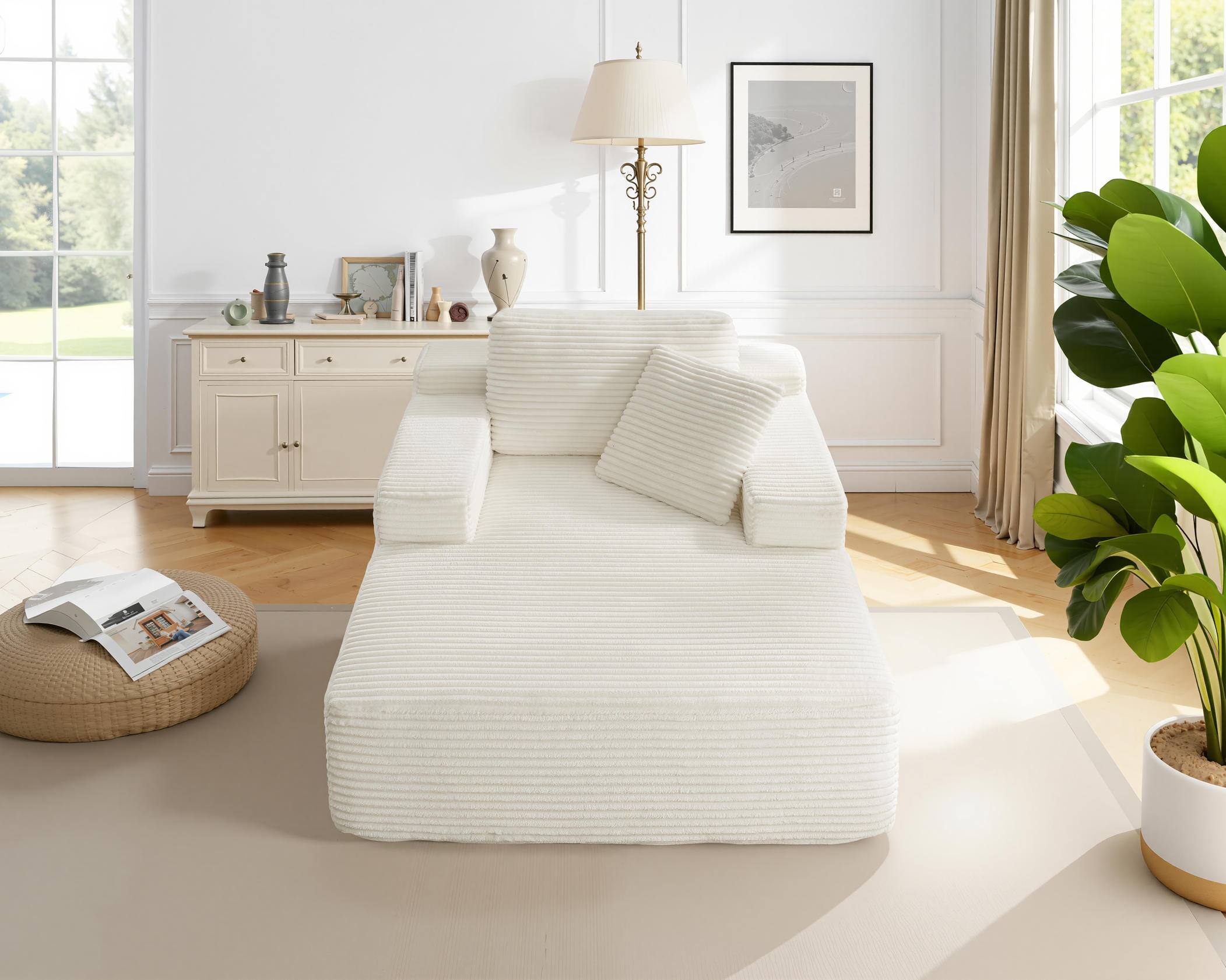 Alt View 3. Meqiodas - 67.5”Oversized Indoor Chaise Lounge, Sofa Bed, Living Room Sofa, Corduroy Upholstered Boneless Cloud Sofa, No Assembly - Beige.