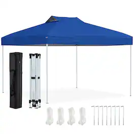Costway - 10 X 10 FT 1-Person Setup Pop up Canopy Tent with 1-Push Center Lock Wind Ropes - Blue