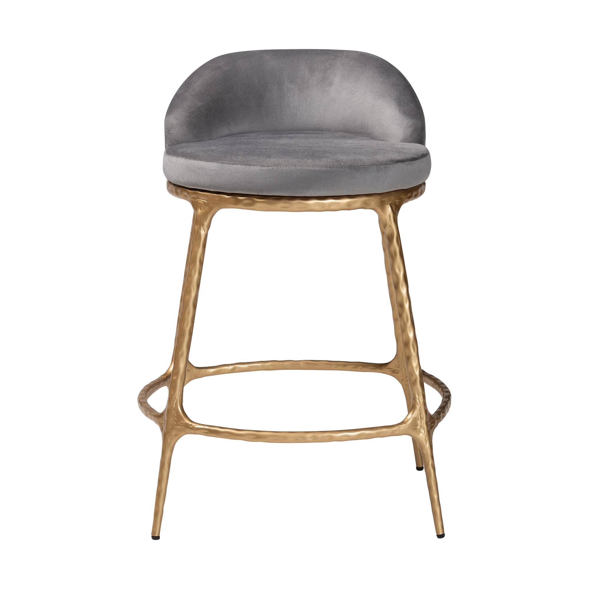 Angle. Baxton Studio - Aarush Counter Stool - Modern Rustic Seating with Hand-Forged Metal Frame and Low Back for Kitchen Island or Lounge - Grey/Gold.