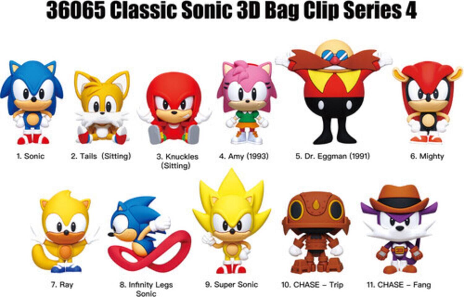 36065 Classic Sonic 3D Bag Clip Series 4

1. Sonic  
2. Tails (Sitting)  
3. Knuckles (Sitting)  
4. Amy (1993)  
5. Dr. Eggman (1991)  
6. Mighty  
7. Ray  
8. Infinity Legs Sonic  
9. Super Sonic  
10. CHASE - Trip  
11. CHASE - Fang