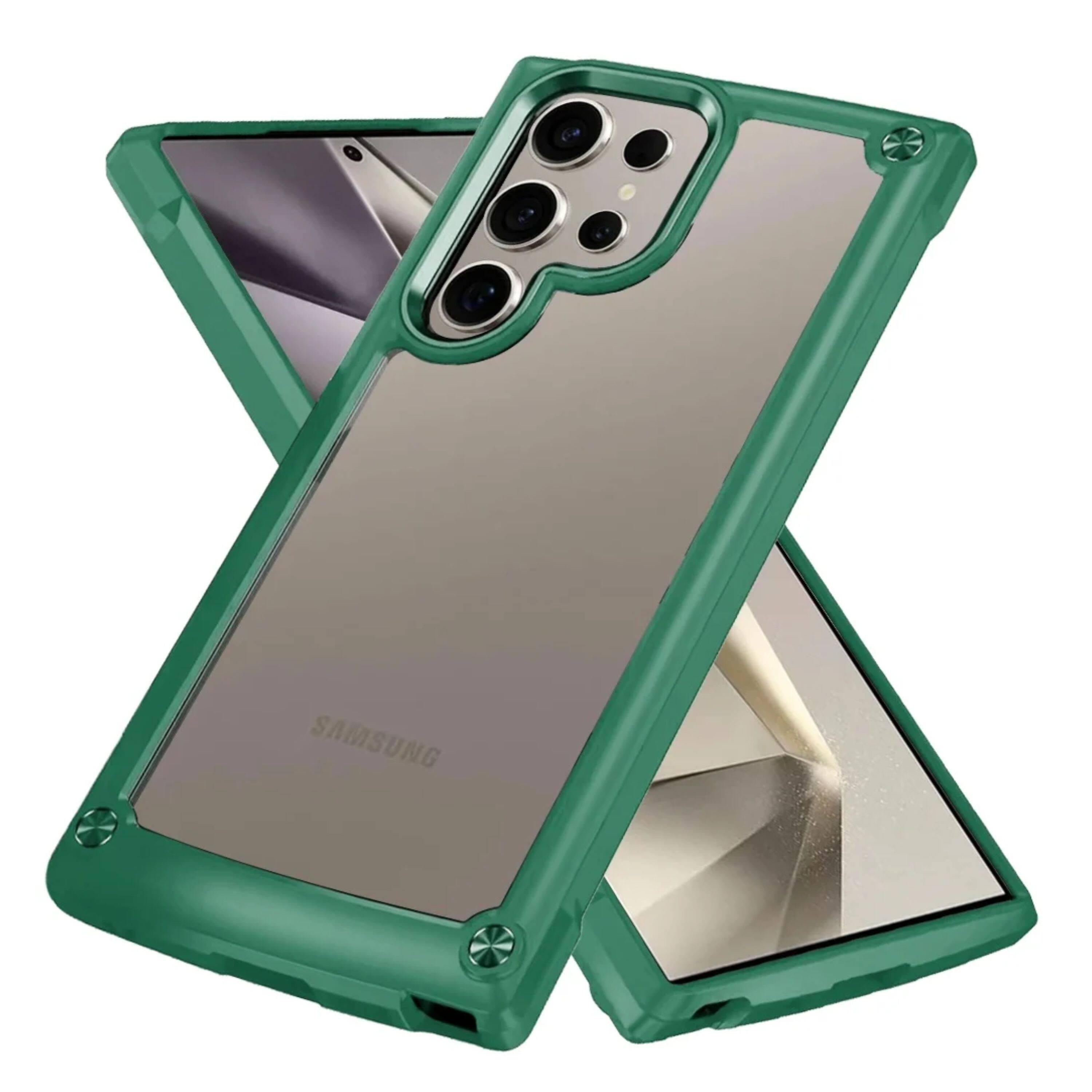 Angle. Kitcheniva - Hybrid Phone Case With Raised Bezel Metal Buttons Tempered Glass For Samsung Galaxy S25 Ultra Might Green - Might Green.