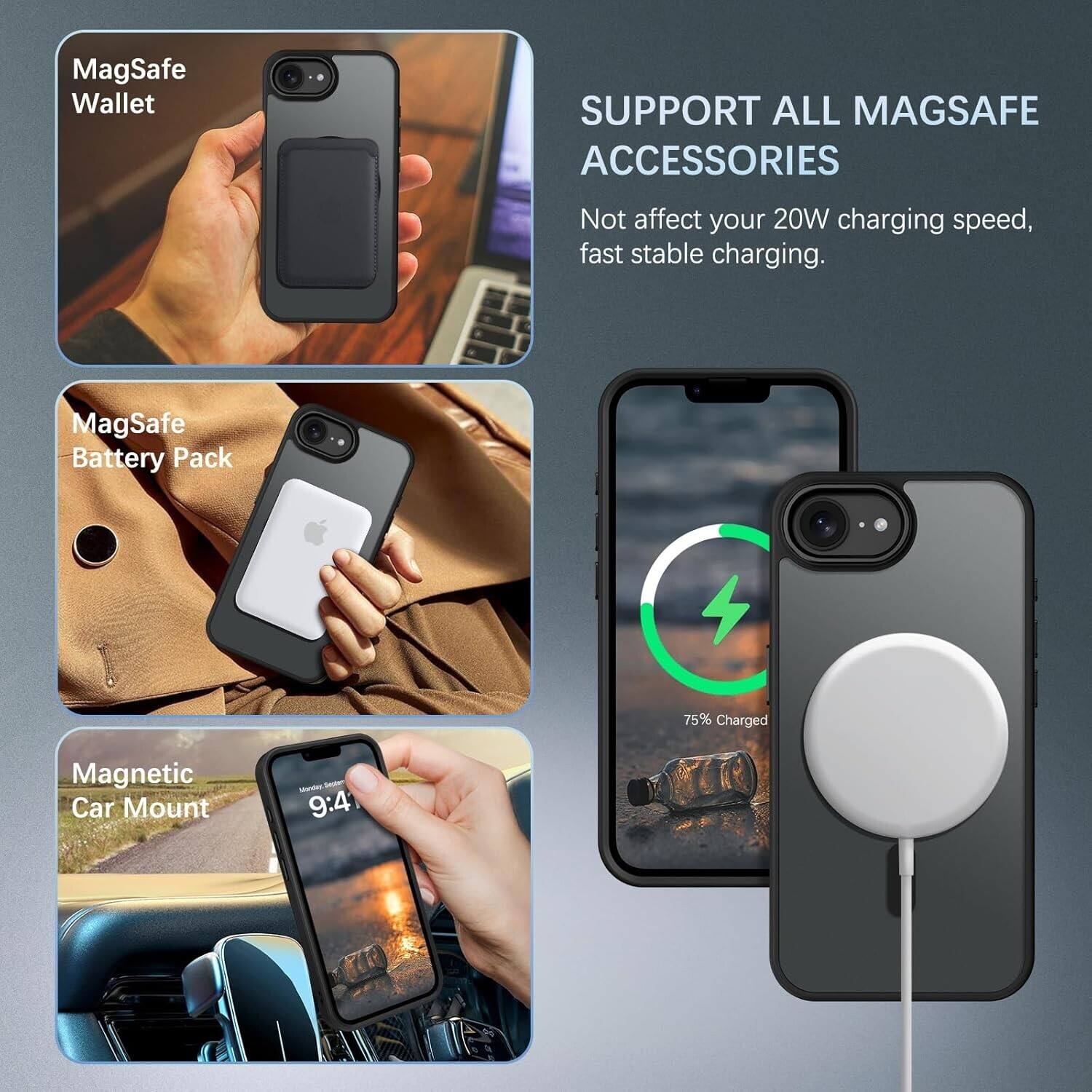 MagSafe Wallet  
SUPPORT ALL MAGSAFE ACCESSORIES  
Not affect your 20W charging speed, fast stable charging.

MagSafe Battery Pack  
75% Charged

Magnetic Car Mount  
9:4