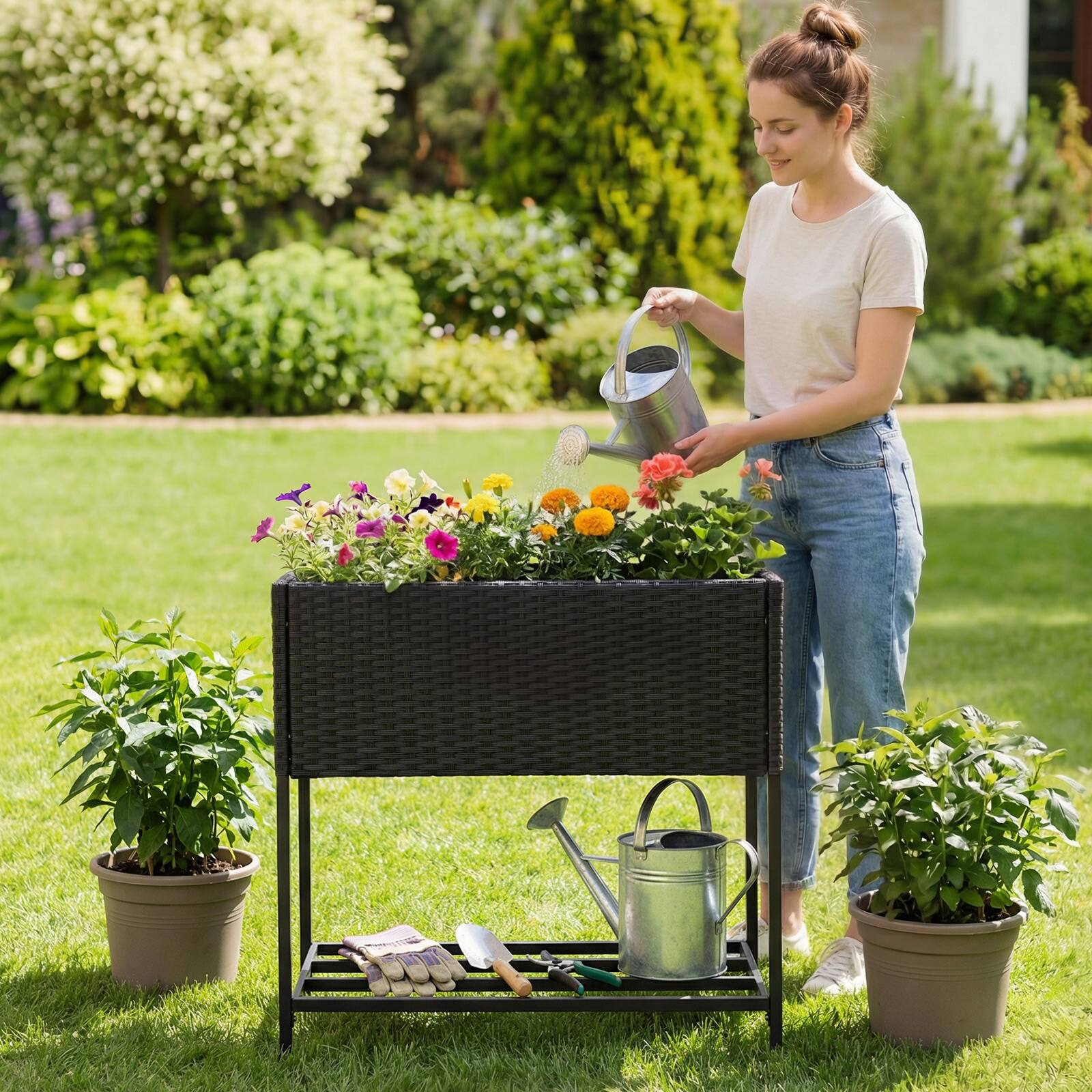 Alt View 3. Gymax - Gymax Elevated Planter Box Raised Garden Bed w/ Rattan Surface Bottom Storage Shelf - Brown.