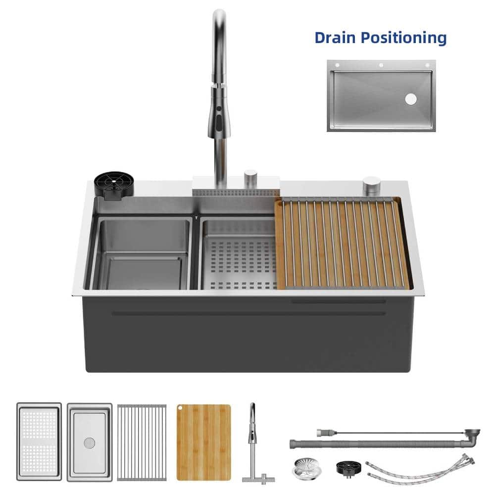 Winado - 33"L x 22"W x 10"H Heavy-duty Waterfall Kitchen Sink with Right Drain, Faucet, Cup Washer, Cutting Board and Drying Rack - Silver