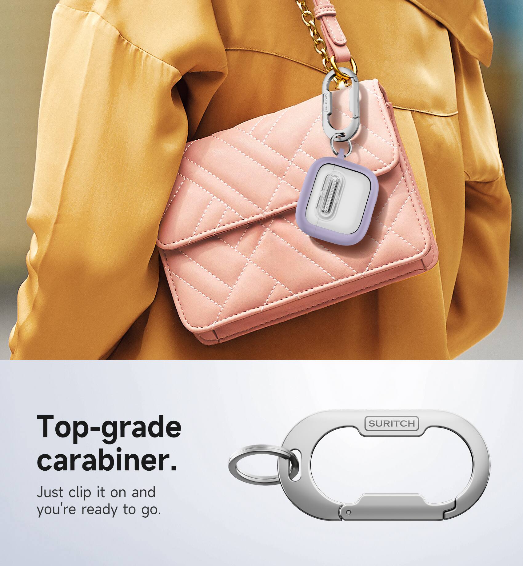 Top-grade carabiner. Just clip it on and you're ready to go. SURITCH
