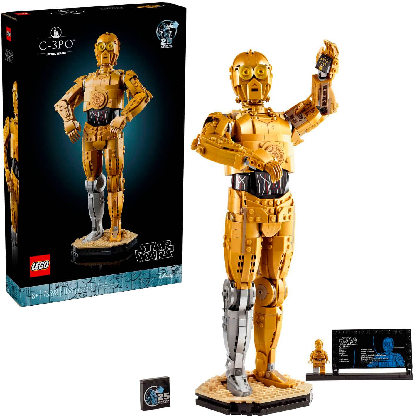 The image features a Star Wars C-3PO LEGO figure, which is a part of the LEGO Star Wars Pro 8+ set. The figure is made of gold and silver bricks and stands on a base. The C-3PO figure is posed with its arm raised, and it is displayed in a box. The set is designed for builders aged 18 and above, and it includes a LEGO Star Wars Pro 8+ set, which is a part of the LEGO Star Wars collection.
