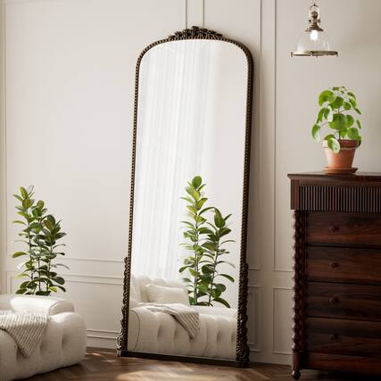 Front. Easly - Antique Bronze 28 in. W x 69 in. H Carved Arched PU Frame Full Length Floor Mirror - Antique Bronze.