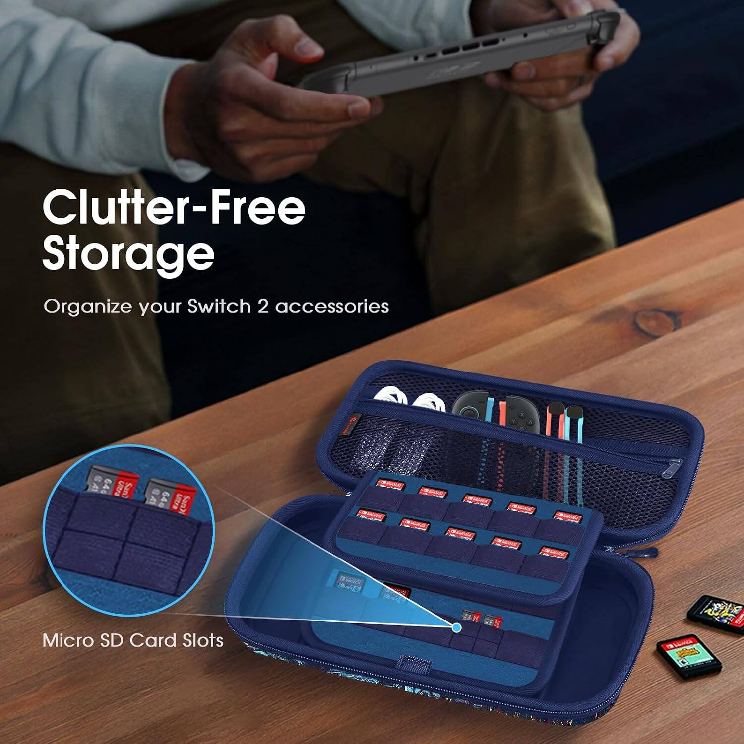 Clutter-Free Storage  
Organize your Switch 2 accessories  

WS 64G Ultra SanDisk  
Micro SD Card Slots