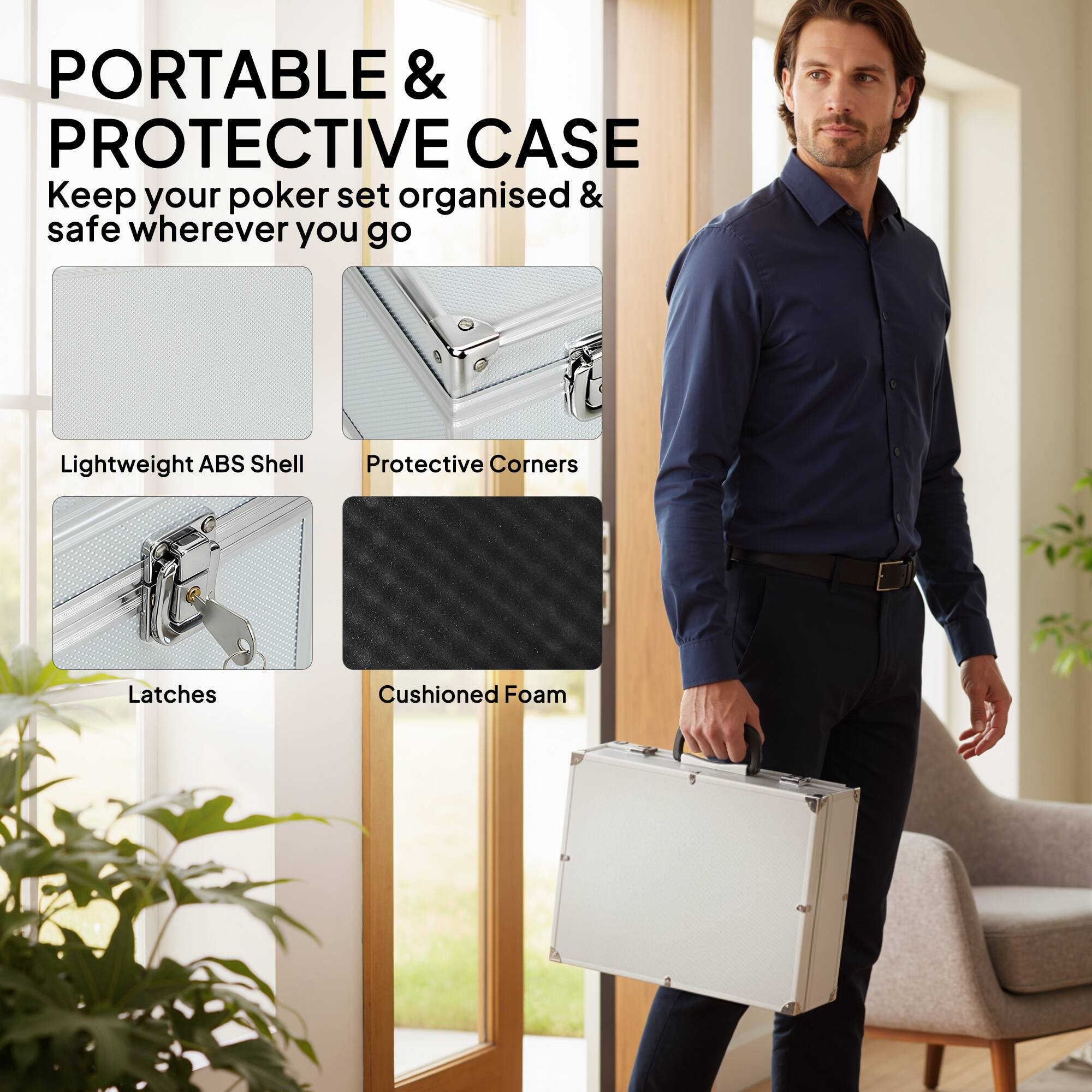 PORTABLE & PROTECTIVE CASE  
Keep your poker set organised & safe wherever you go  

- Lightweight ABS Shell  
- Protective Corners  
- Latches  
- Cushioned Foam