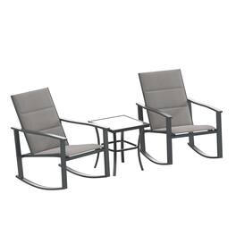 Flash Furniture - Brazos 3 Piece Outdoor Rocking Chair Bistro Set with Flex Comfort Material and Steel Framed Glass Top Table, /Black - Gray