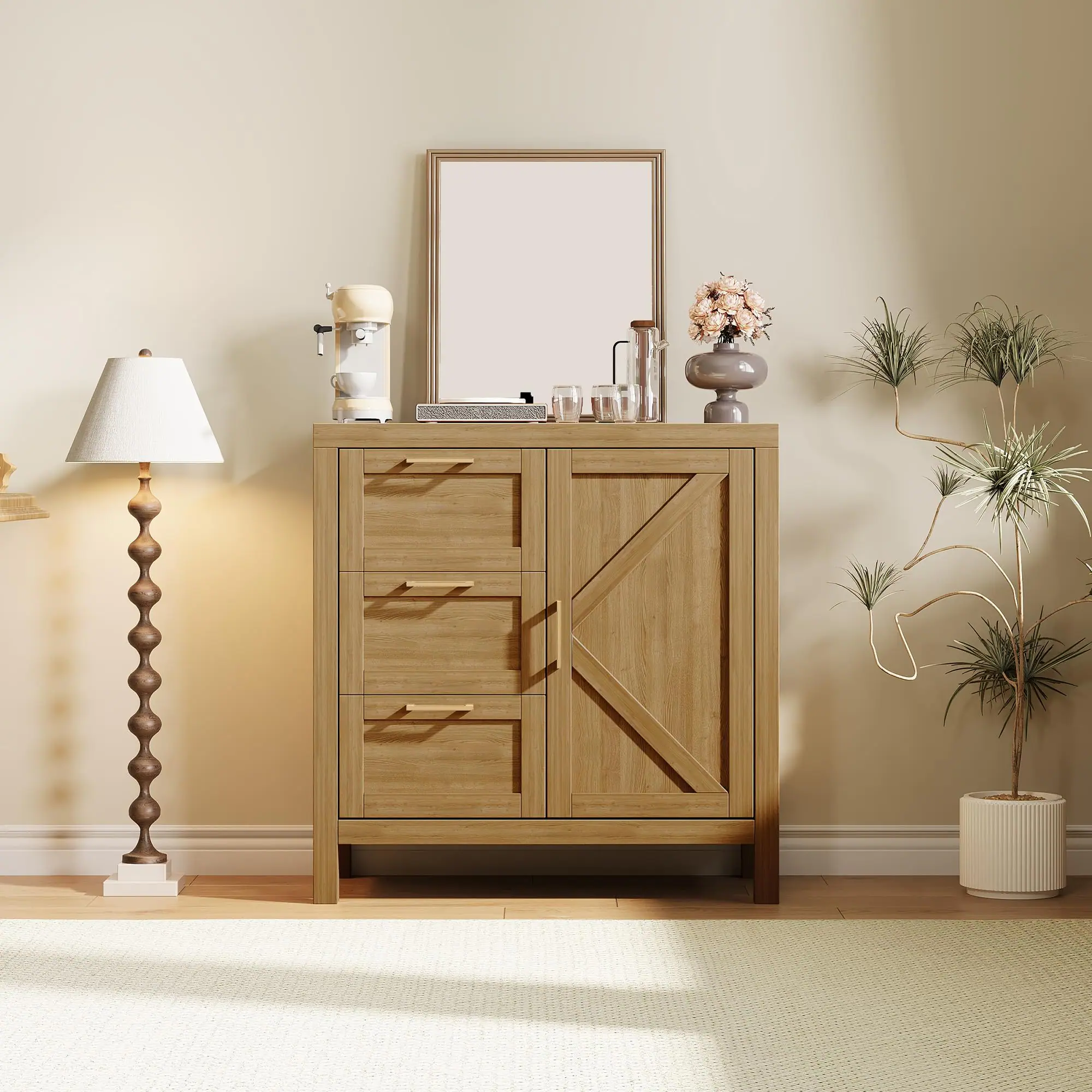 Alt View 4. GARVEE - Multipurpose Buffet Cabinet with 3 Drawers & Adjustable Shelf Wooden Storage for Dining Room or Coffee Bar - Brown.