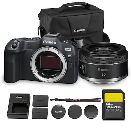 Canon EOS R8
Canon 50mm f/1.8
Canon 64GB SD Card (300 MB/s, V90)
Canon Camera Bag
Canon Lens Cap
Canon Battery Charger
Canon Battery